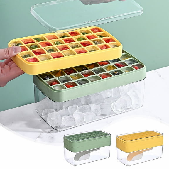 Ice Cube Tray Set with Storage Box, 50 Cubes Capacity, Food Grade Plastic, Transparent Lid, Drawer Design, Handle, Ice Clip, 2 Molds, Green/Yellow, 22.5x12.5x11cm, Home Refrigerator Use