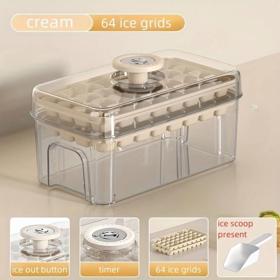 Ice Cube Tray Set with Lid Bin Scoop, Easy Release 64 Cube Freezer Mold