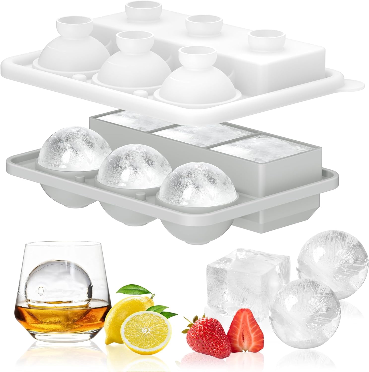 Ice Cube Tray, Silicone Round Ice Ball Mold& Square Large Ice Mold ...