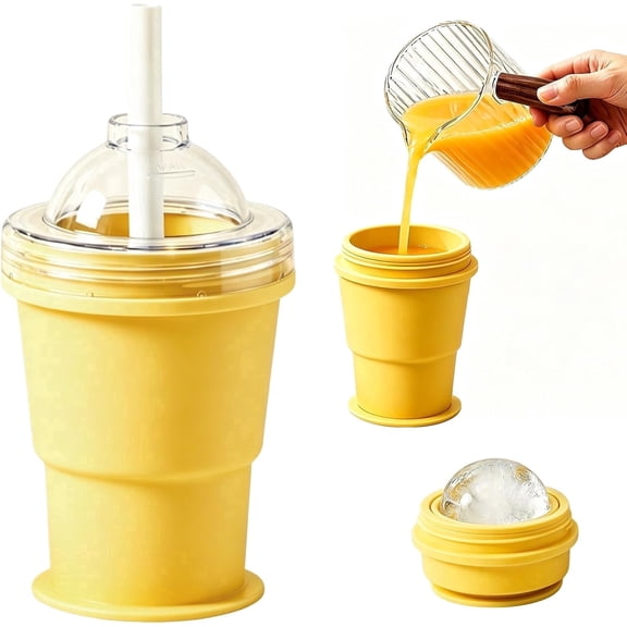 2-in-1 Silicone Ice Cube Tray & Slushy Maker Cup, Portable Leakproof Iced Coffee Tumbler with Lid & Straw, Reusable Slushie Cup Mold for Home, Gym & Outdoor Travel