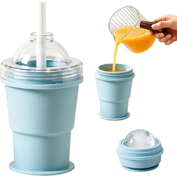 Ice Cube Tray Silicone Slushy cup 2-in-1, Portable Ice Coffee Cups with Lids for Travel,Leakproof Slushie Cup Maker for Home Gym Outdoor, Reusable Mold with Straw