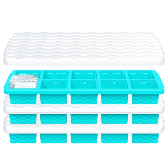 Ice Cube Tray With Lid - 3 Pack 2 Tbsp Trays For Freezer Stackable Easy Release Large Molds Chocolate Iced Coffee & Juice (10-cube Blue)