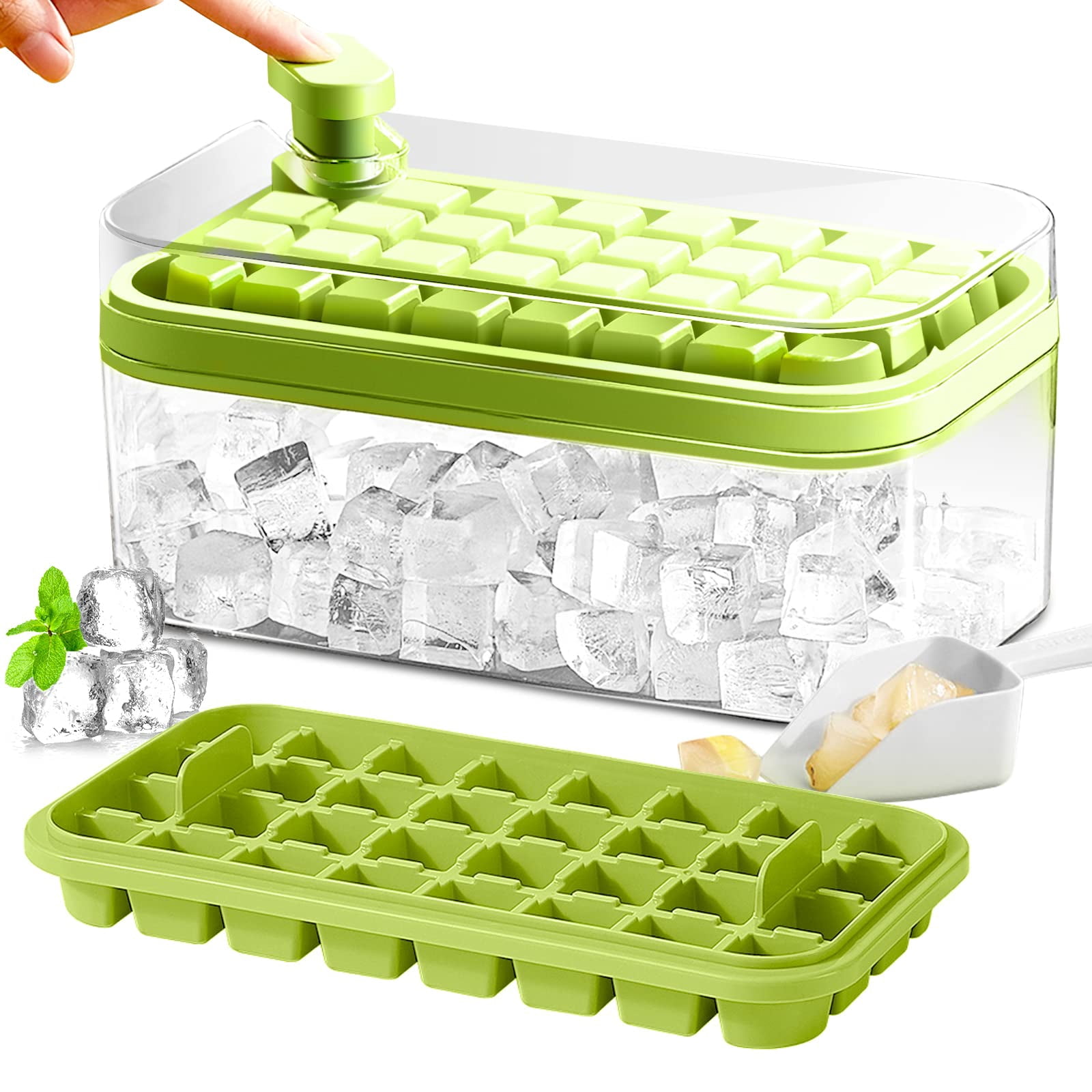 Ice Cube Tray With Lid And Bin  2 Pack For Freezer 64 Mold (green)