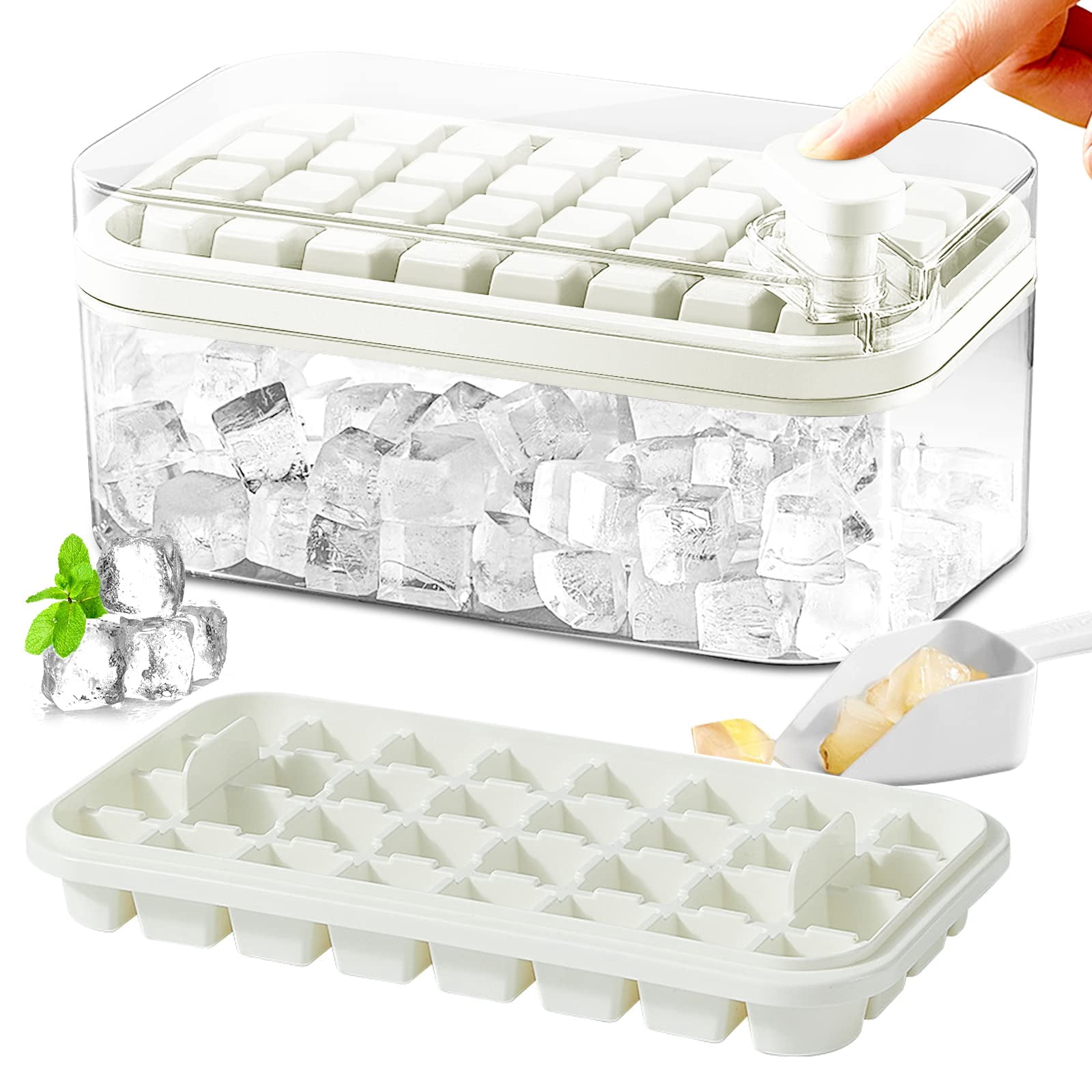 Ice Cube Tray With Lid And Bin  2 Pack For Freezer 64 Mold (white)