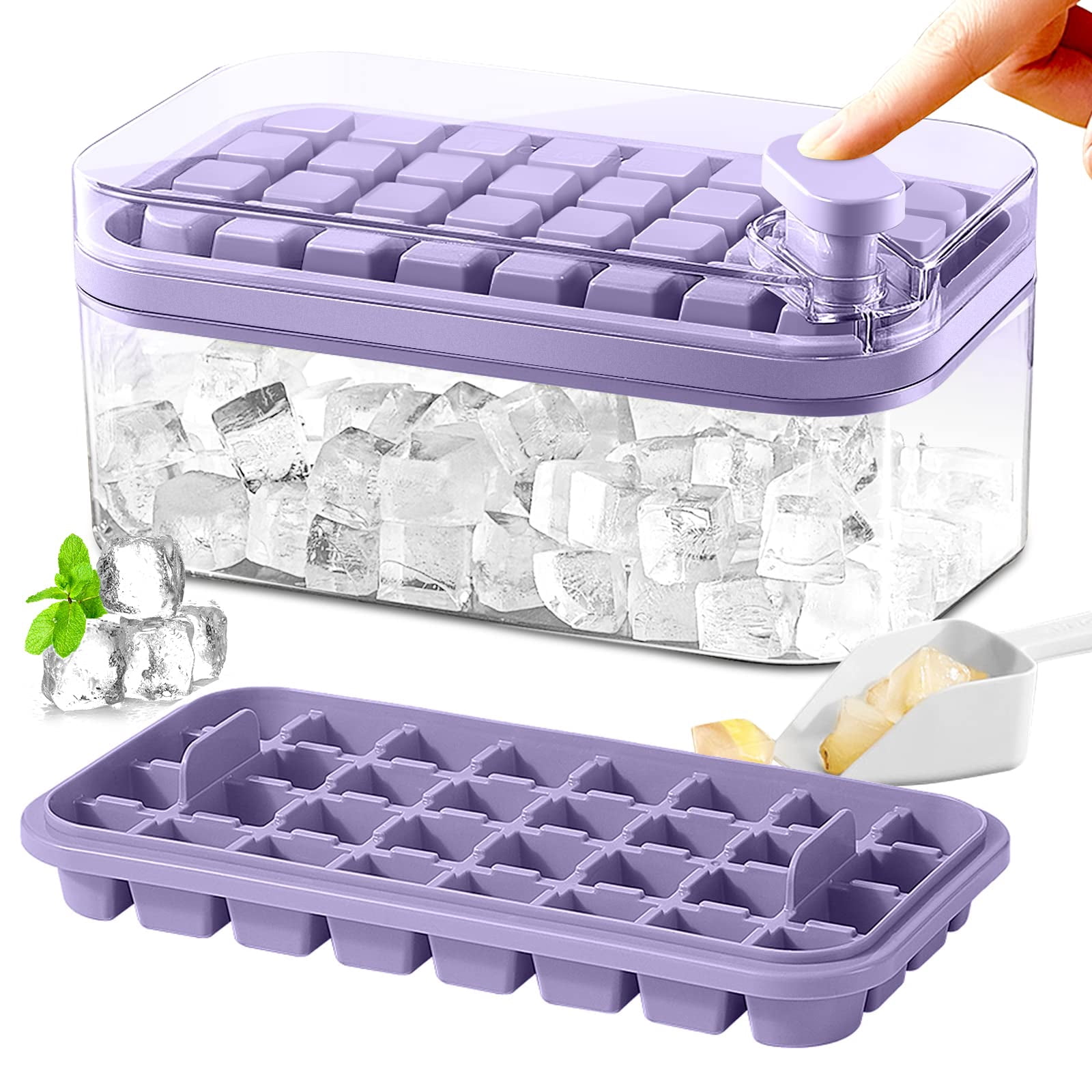Ice Cube Tray With Lid And Bin For Freezer  2 Pack 64 Mold (purple)