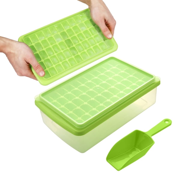 Ice Cube Tray With Lid and Bin- Silicone Ice Tray For Freezer | Comes with Ice Container, Scoop and Cover | Good Size Ice Bucket (Green)