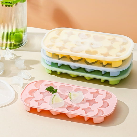Ice Cube Tray with Lid Stars Moons Love Hearts Shape 18 Cavity Silicone Safe Durable Whiskey Ice Ball Maker Kitchen Tools, 7.87" x 4.13" x 0.98"