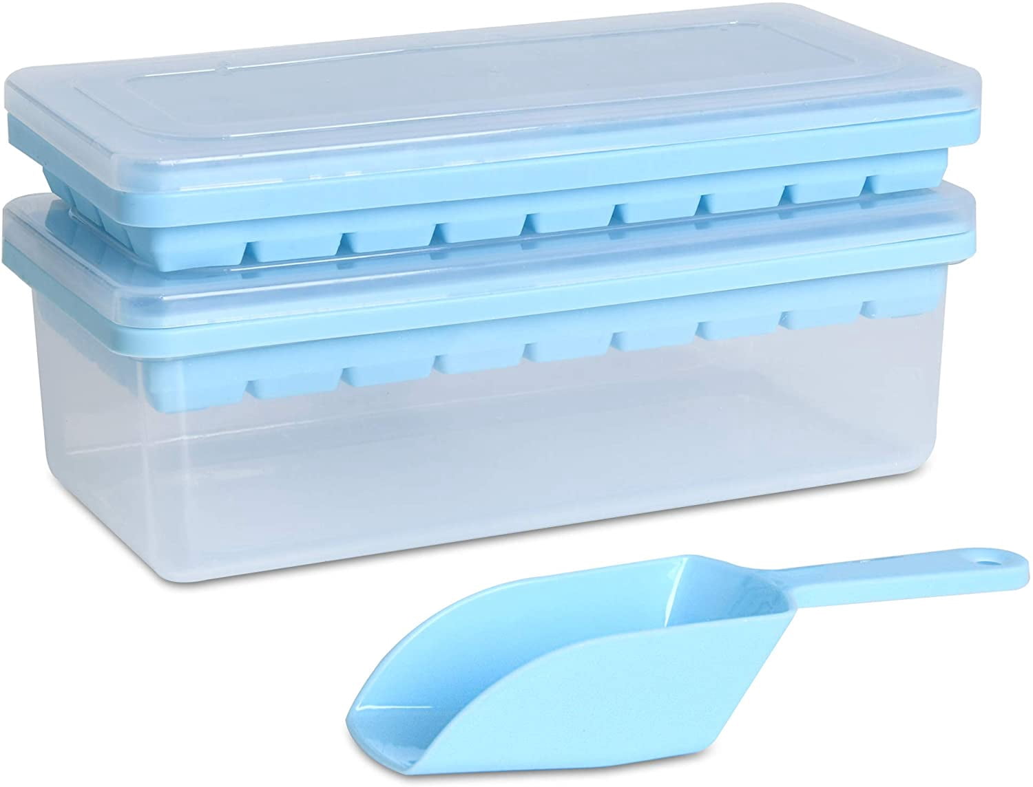 Ice Cube Tray with Lid and Bin,2 * 36 Nugget Silicone Ice Tray,Flexible Ice Cube Molds Comes with Ice Container, Scoop and Cover (Blue)