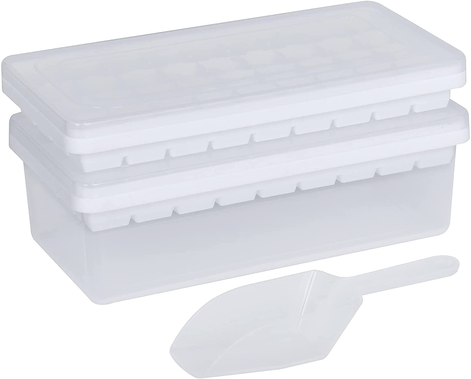 Ice Cube Tray with Lid and Bin,2 * 36 Nugget Silicone Ice Tray,Flexible Ice Cube Molds Comes with Ice Container, Scoop and Cover (White)