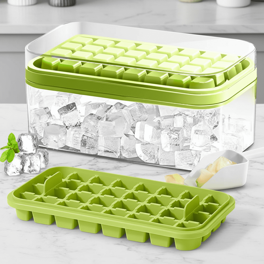 Ice Cube Tray with Lid and Bin, 2 Pack Freezer Ice Cube Mold, 64 Small Square Ice Cube Maker for Kitchen (Green), BPA-Free Silicone Ice Tray Set