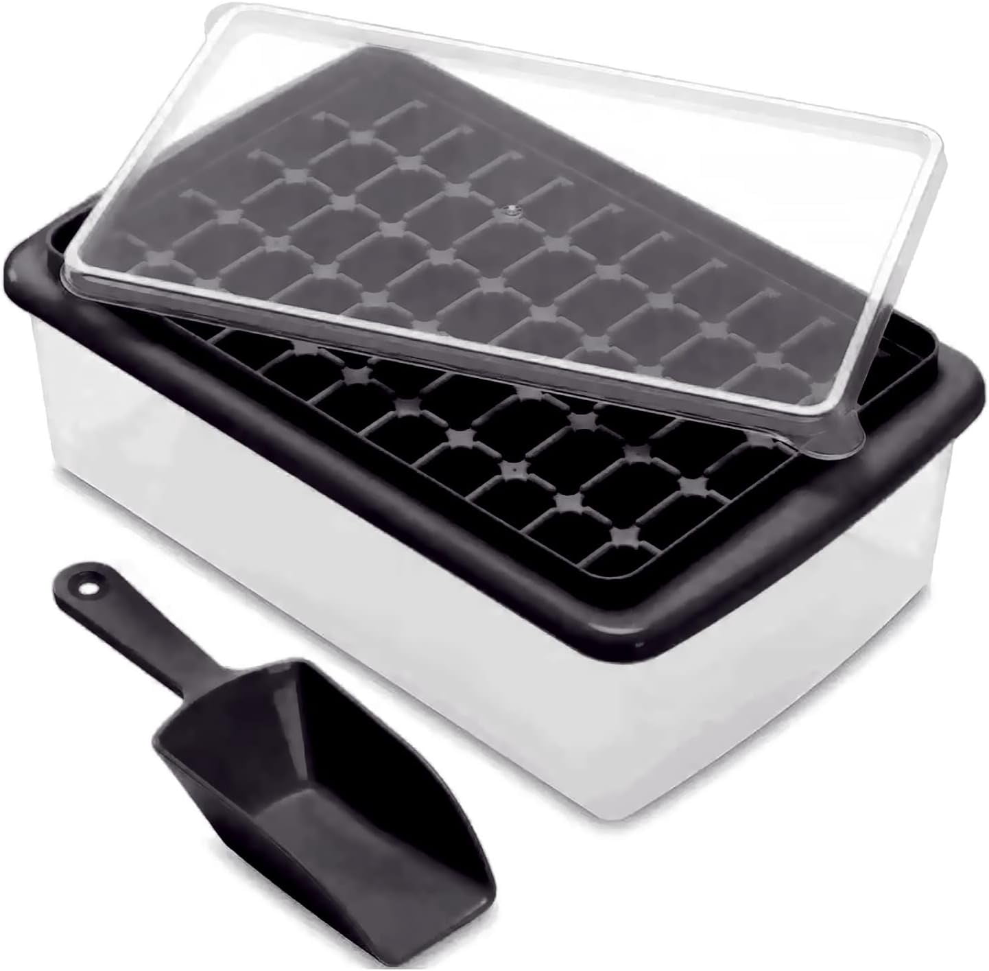 Ice Cube Tray with Lid and Bin 55 - Ice Cube Molds for Freezer BPA Free Ice Container Comes with Scoop and Cover (Black-55) Ice Cube Molds & Trays