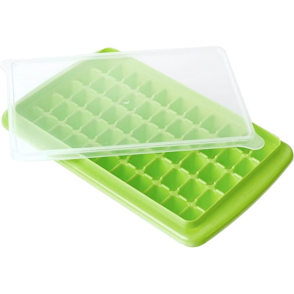 Ice Cube Tray with Lid and Bin 55 - Ice Cube Molds for Freezer BPA Free Ice Container Comes with Scoop and Cover (Green+55 ice Tray)