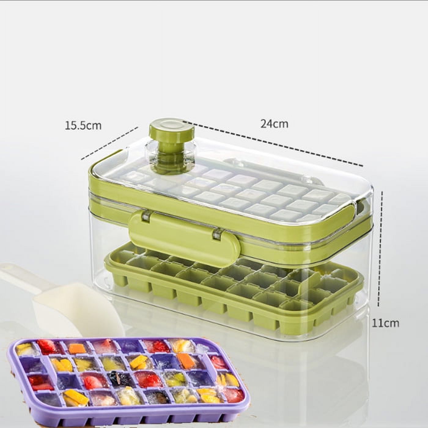 Ice Cube Tray with Lid and Bin, 64 Grids Silicone & Plastic Ice Cube Trays for Freezer with Ice