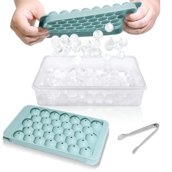 Ice Cube Tray with Lid and Bin - Round Ice Trays for Freezer with Lid - Ice Cube Trays for Freezer with Ice Container (1"-2PACK Blue)
