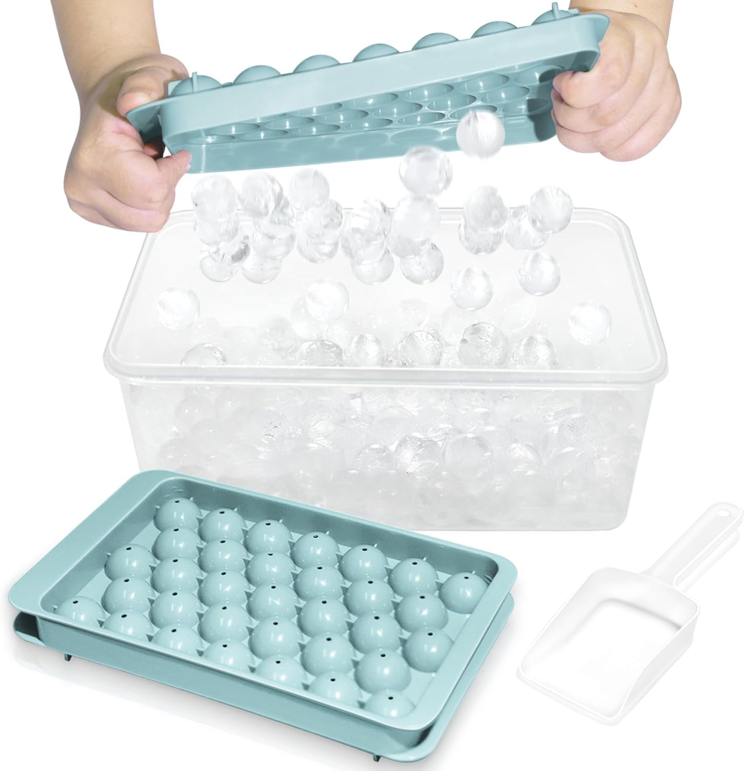 Ice Cube Tray with Lid and Bin - Round Ice Trays for Freezer with Lid - Ice Cube Trays for Freezer with Ice Container