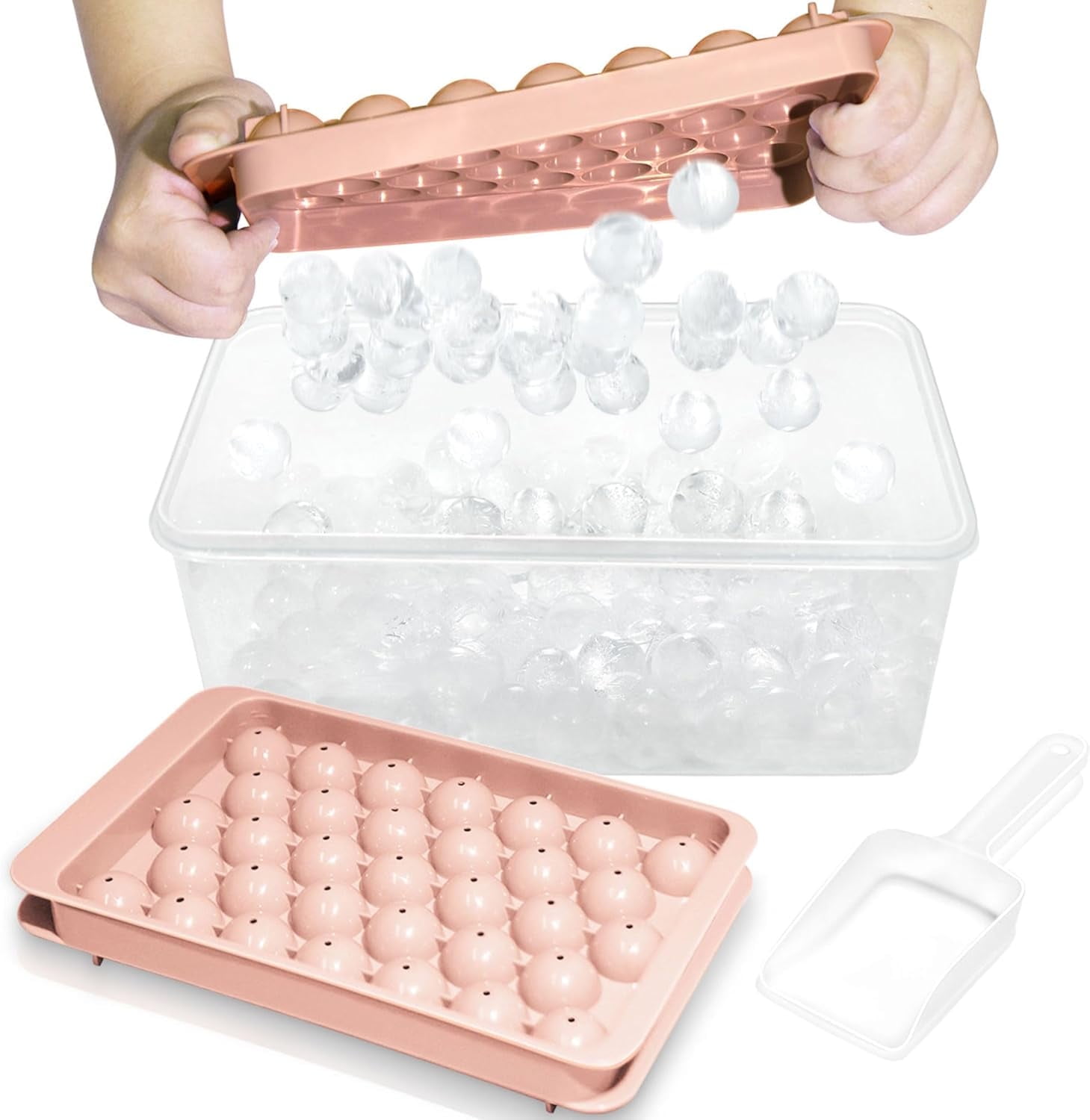 Ice Cube Tray with Lid and Bin - Round Ice Trays for Freezer with Lid - Ice Cube Trays for Freezer with Ice Container