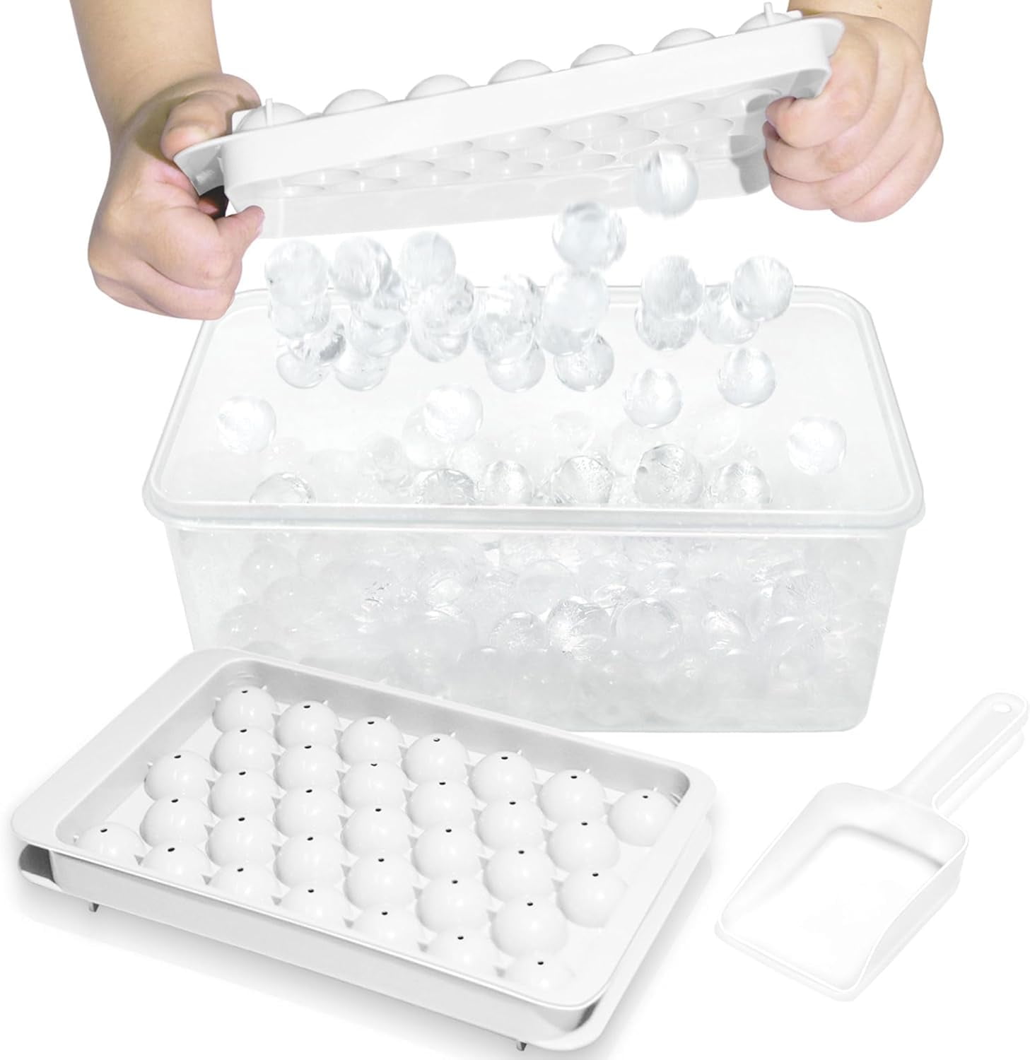 Ice Cube Tray with Lid and Bin - Round Ice Trays for Freezer with Lid - Ice Cube Trays for Freezer with Ice Container