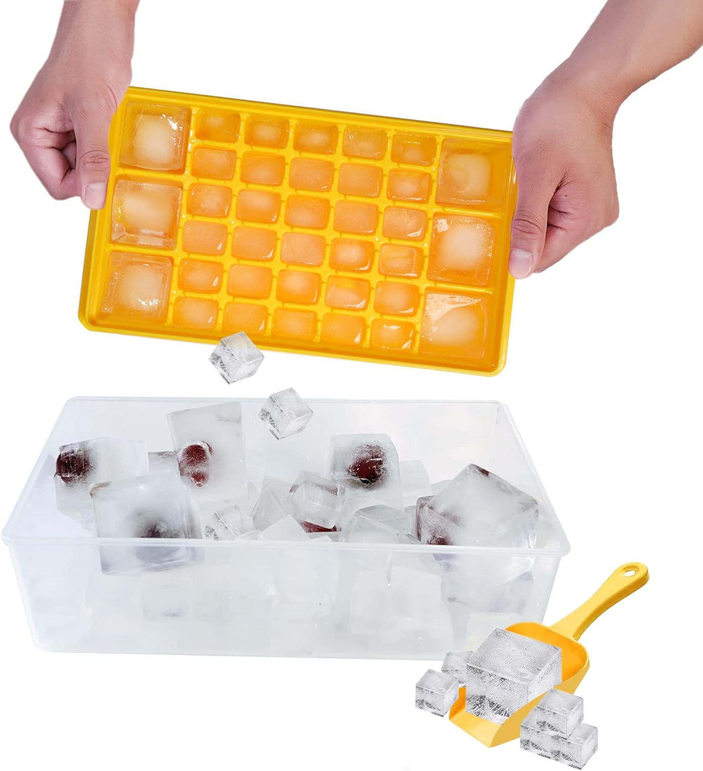 Ice Cube Tray with Lid and Bo - Ice Cube Mold for Refrigerator BPA Free Ice Container with Spoon and Lid Blue Green Powder (Green+110)