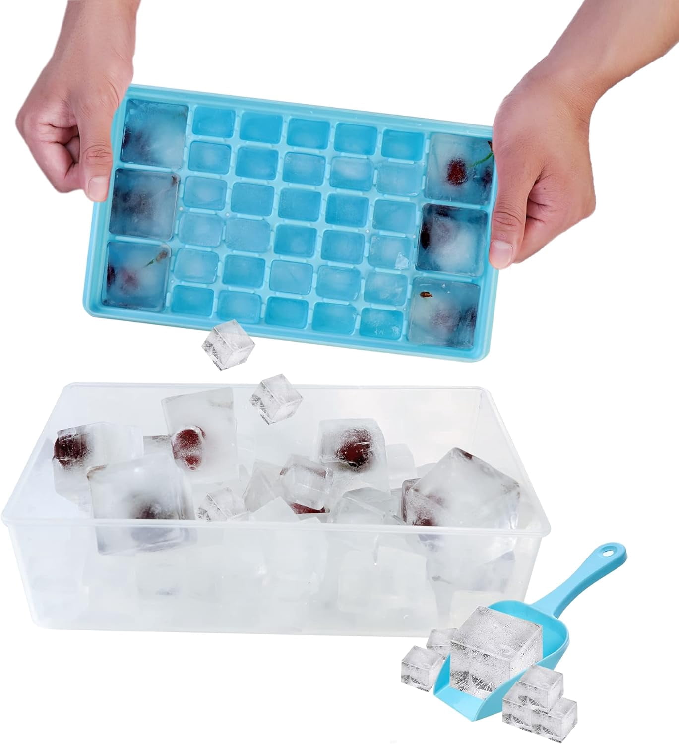 Ice Cube Tray with Lid and Bo - Ice Cube Mold for Refrigerator BPA Free Ice Container with Spoon and Lid Blue Green Powder (Green+110)