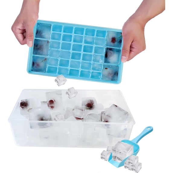Ice Cube Tray with Lid and Bo - Ice Cube Mold for Refrigerator BPA Free Ice Container with Spoon and Lid Blue Green Powder (Green+110)