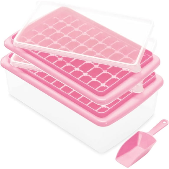 Ice Cube Tray with Lid and Bo - Ice Cube Mold for Refrigerator BPA Free Ice Container with Spoon and Lid Blue Green Powder (Pink+110)