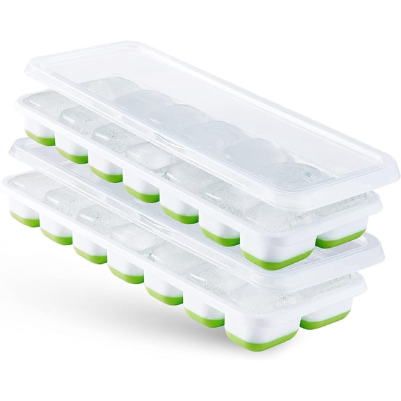 Ice Cube Trays 2 Pack, Easy-Release Silicone 14-Ice Cube Molds with Spill-Resistant Removable Lid, Just Pop Out! Stackable Ice Trays for Cocktail, Juice, Whiskey, Freezer (Green)
