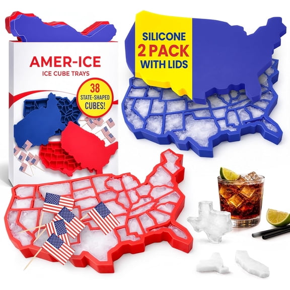 Ice Cube Trays, 2-Pack Red/Blue Silicone USA Ice Cube Trays with Lids, State Ice Cube Molds, Ice Molds Fun Shapes, Fun Ice Cube Trays