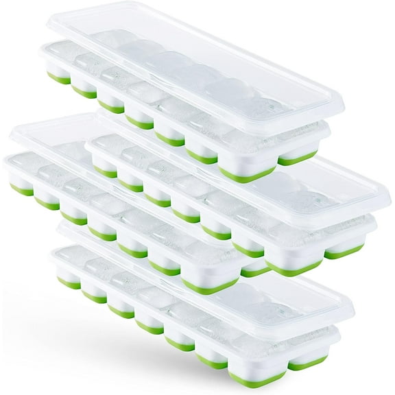 Ice Cube Trays 4 Pack, Easy-Release Silicone 14-Ice Cube Molds with Spill-Resistant Removable Lid, Just Pop Out! Stackable Ice Trays for Cocktail, Juice, Whiskey, Freezer (Green)