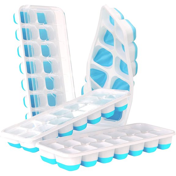 Ice Cube Trays 4 Pack, Easy-Release Silicone and Flexible 14-Ice Cube Maker with Spill-Resistant Removable Lid, LFGB Certified and BPA Free, for Cocktail, Beer, Stackable Flexible Ice Trays