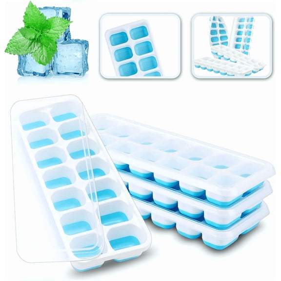 Ice Cube Trays, 4 Pack, RKINC Easy Release Silicone & Flexible 14 Ice Trays with Removable Spill Resistant Lid, LFGB & BPA Free, Durable Stackable - Blue