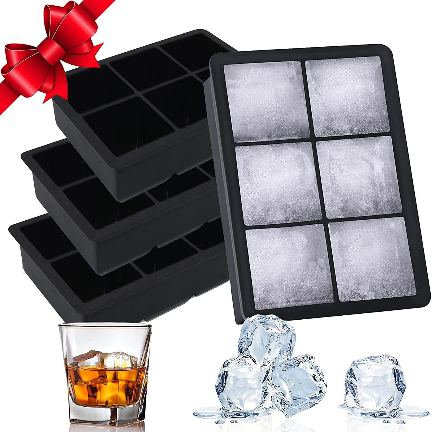 Ice Cube Trays 4 Pack - Silicone Ice CubeTray for Making 24 Pcs Large Ice Cubes, Easy Release Reusable Molds Maker for Chilling Whiskey Wine Cocktail Beverages Juice (4)
