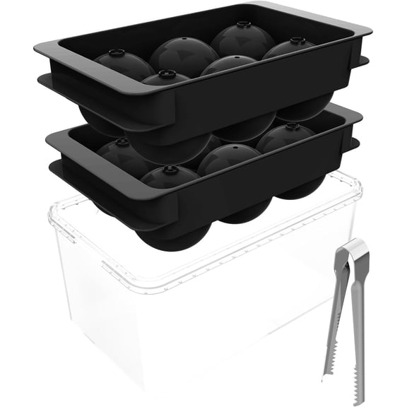 Ice Cube Trays for Freezer(2Pack), 2'' Ice Ball Maker Mold, Round Ice Cube Mold, Whiskey Ice Mold with Lid, Bin&Clip, Large Ice Cube Tray Making 12PCS for Cocktails &Bourbon&Whiskey(black)