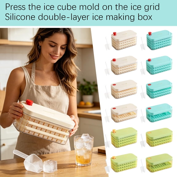 Ice Cube Trays for Freezer with Lid, Silicone Ice Cube Molds, Ice Tray with Bin, Ice Container for Freezer with Lid, 9X5X3.75 Inch Grade Press-Release Silicone Double Layer Ice