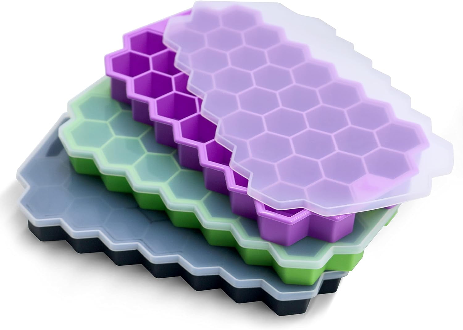 Ice Cube Trays for Freezer with Lid-Silicone Ice Cube Tray with Lid Ice Maker 3 Pack Multicolor, Easy-Release Reusable Ice Cube Coffee Scoop for Coffee Bar Accessories
