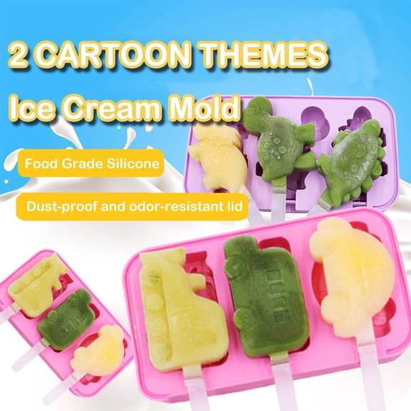 Ice Cube Trays, Ice Cream Pops Cars Silicone Popsicle Molds with Lids Stackable Frozen Popsicles BPA Free for Milk, Dinosaurs&Cars, Violet