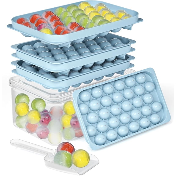 Ice Cube Trays with Lid and Bin, BPA-Free Mini 0.8 Inch Sphere Molds, 2-Pack Small Round Ball Trays, Easy Release, Includes Scoop & Storage Box for Cocktails, Coffee