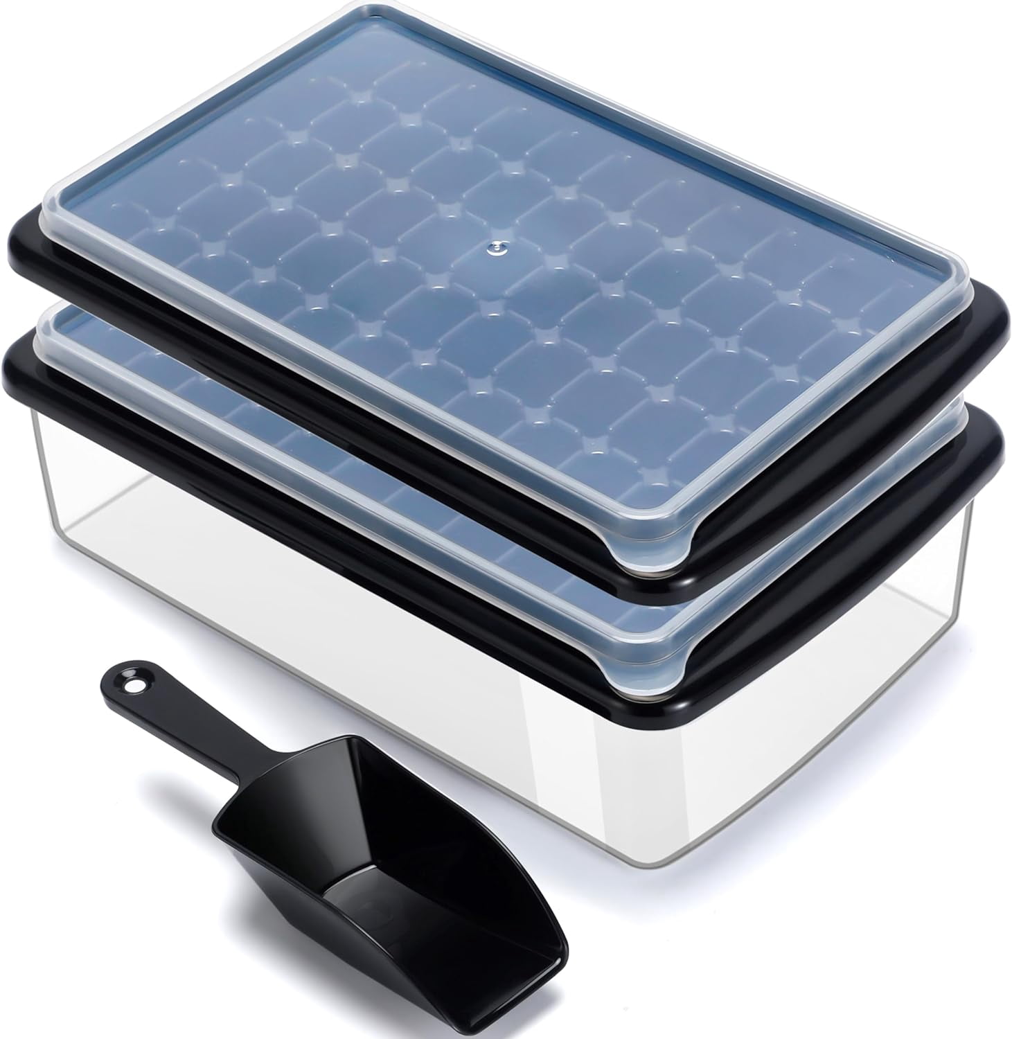 Ice Cube Trays with Lid and Bin for Freezer, Easy Release 55 Mini Nugget Ice Cube Mold 2 Pack with Cover, Bucket, Scoop. Perfect Small Ice for Iced Coffee Cocktails and Ice Crushers, BPA Free.