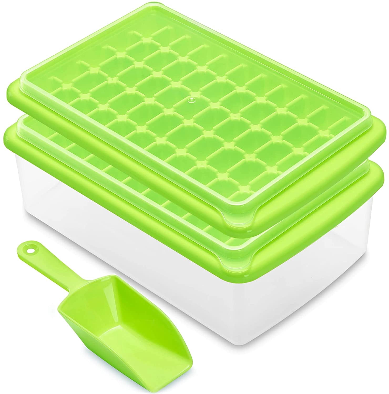 Ice Cube Trays with Lid and Bin for Freezer, Easy Release 55 Mini Nugget Ice Tray 2 Pack, Making 110Pcs Perfect Small Cubes, with Storage Container, Scoop, Flexible Durable, BPA Free.