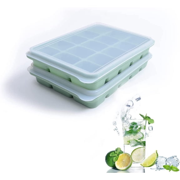 Ice Cube Trays Set of 2, Easy Release 15 Flexible Silicone Ice Cube Molds with Removable Lid Reusable Freezer Ice Trays Stackable for Whiskey, BPA Free (BAMBOO GREEN)