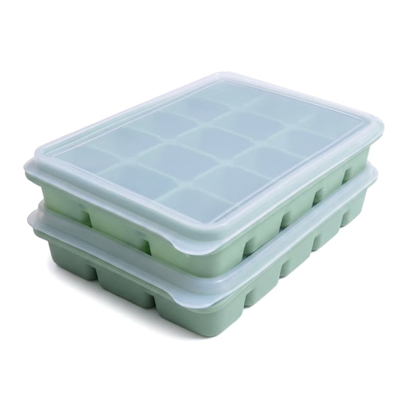Ice Cube Trays Set of 2, Easy Release Flexible Silicone Molds with Removable Lid, Stackable Freezer Trays Reusable for Whiskey & Baby Food - Bamboo Green, BPA Free