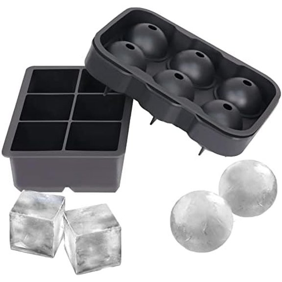 Ice Cube Trays (Set of 2), Silicone Sphere Whiskey Ice Ball Maker with Lids & Large Square Ice Cube Molds for Cocktails & Bourbon - Reusable & BPA Free