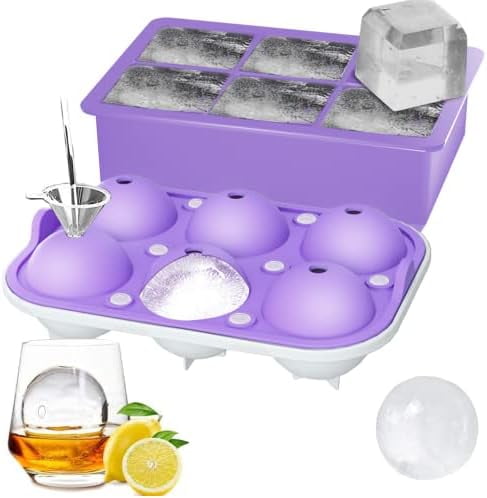 Ice Cube Trays (Set of 2), Sphere Ice Ball Maker with Lid & Large Square Ice Cube Maker for Whiskey, Cocktails and Homemade, Keep Drinks Chilled Purple