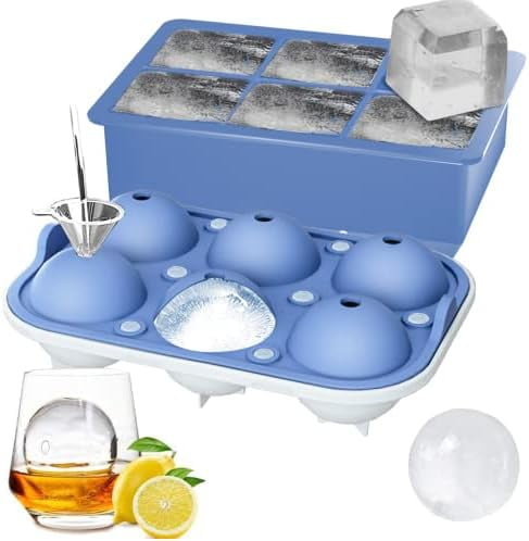 Ice Cube Trays (Set of 2), Sphere Ice Ball Maker with Lid & Large Square Ice Cube Maker for Whiskey, Cocktails and Homemade, Keep Drinks Chilled