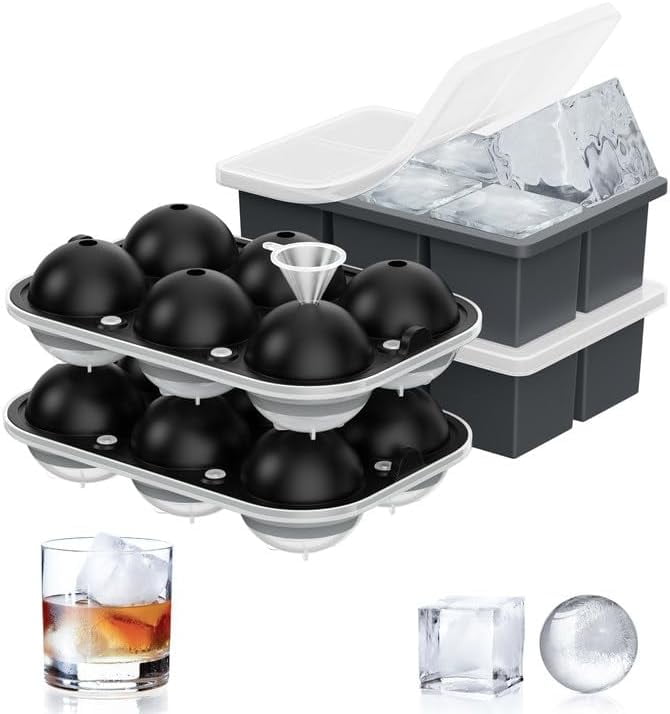 Ice Cube Trays (Set of 4), Sphere Ice Ball Maker with Lid & Large Square Ice Cube Maker for Whiskey, Cocktails and Homemade, Keep Drinks Chilled