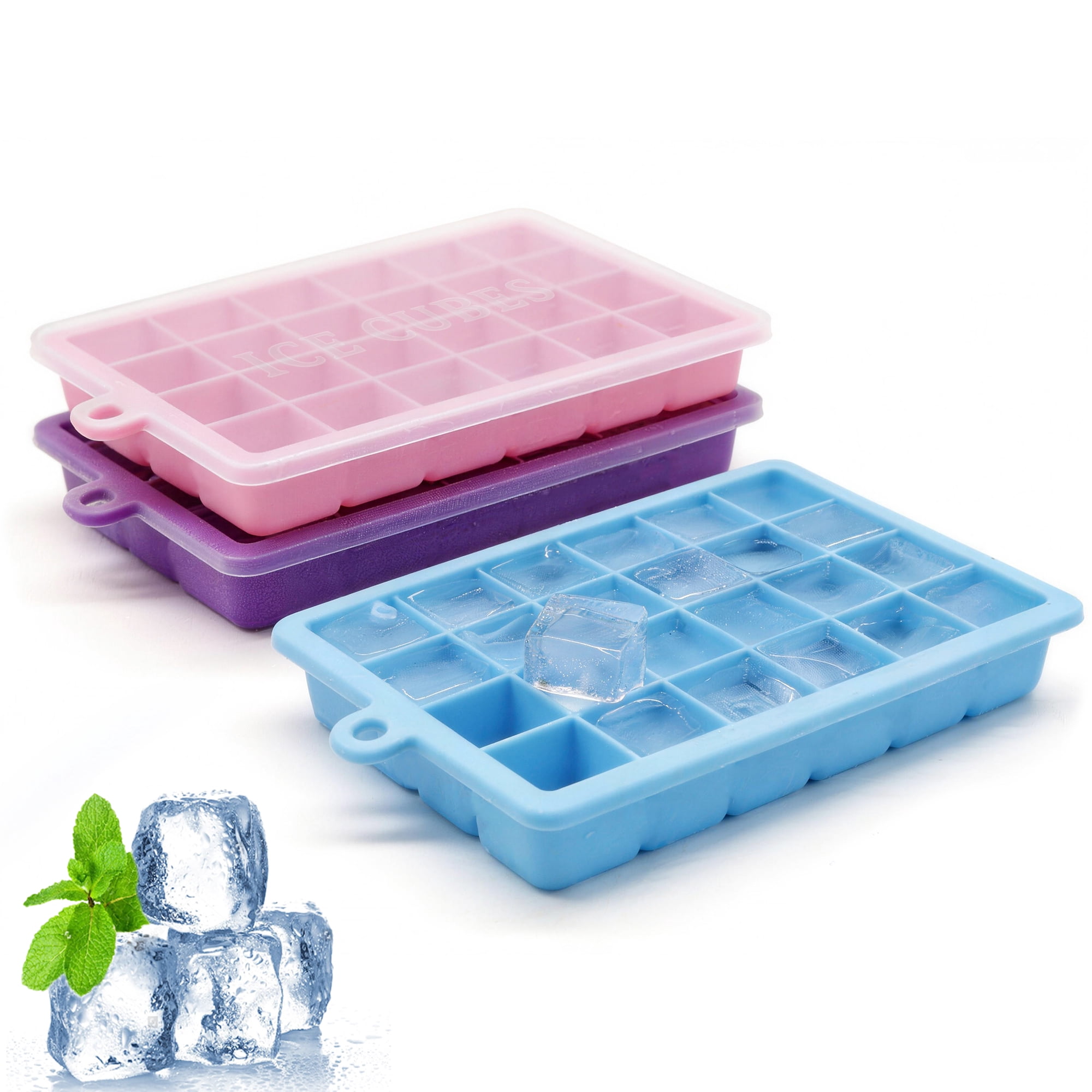 GARITIN Silicone Ice Cube Trays 3 Pack with Lids Stackable BPA Free Easy Release for Whiskey Coffee Cocktails