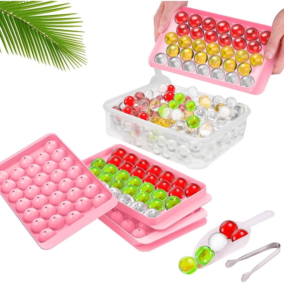 Ice Cube Trays for Freezer, 2X Round Ice Molds Cube Ball Maker with Bin Spoon Tong – Making 66pcs Pellet Ice Trays Fancy Icecubetrayes (Pink)