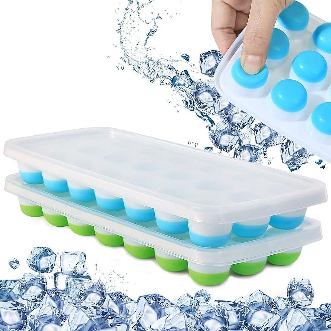 Ice Cube Trays with Lid for Freezer with Easy Release Flexible Silicone Bottom, Stackable ( Pack of 2)