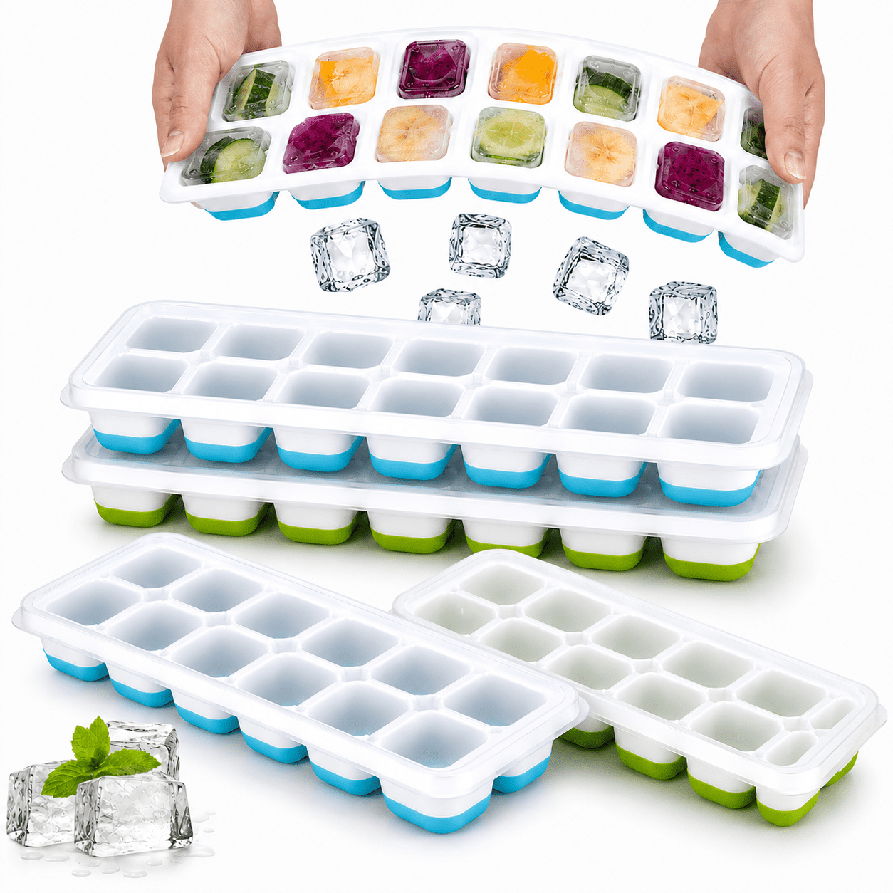 Ice Cube Trays with Lids, 4 Pack Silicone Freezer Trays, Easy Release ...