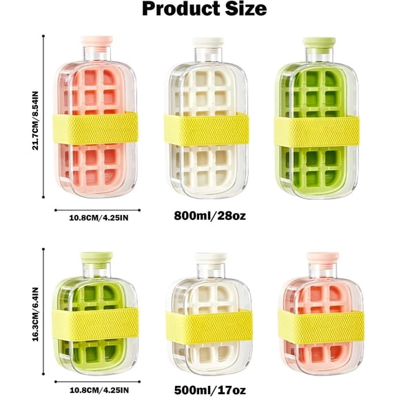 Ice Cube Water Bottle with Ice Tray and Straw, Reusable Ice Maker Bottle for Cold Drinks, Juice and Beverages