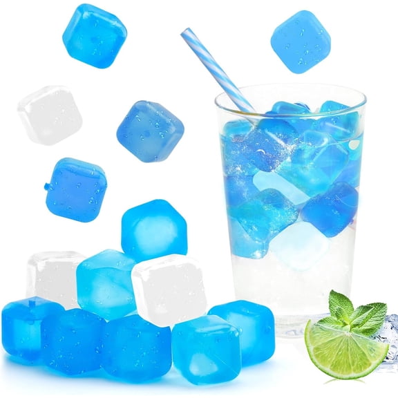 Ice Cubes, 30 count Plastic , Ice Cubes , for Drinks, Washable Square Refreezable Ice cubes for Coffee , Blue and White